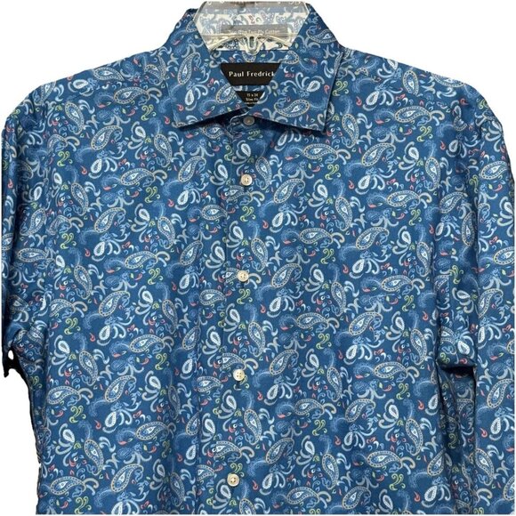 Paul Fredrick Slim Fit Paisley Dress Shirt 15 Blue Flip Cuff Long Sleeve Button - Picture 2 of 10